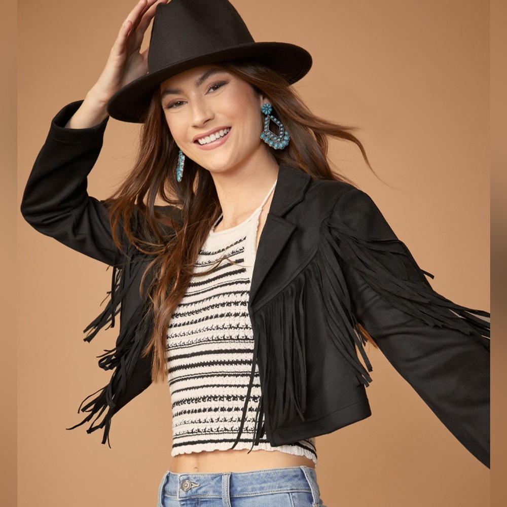 Francesca’s Black Fringe Jacket, Size: Medium